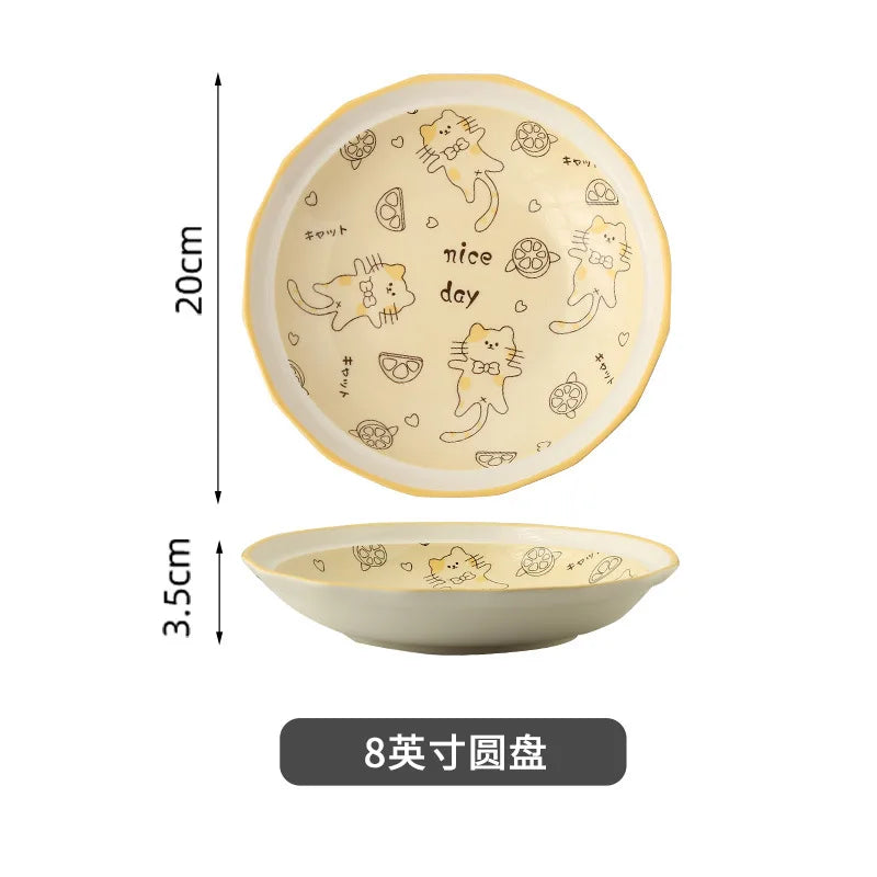 Orange Cat Ceramic Dinnerware Set Cute Bowl Plate Cutlery for Home Kitchen New House Gift
